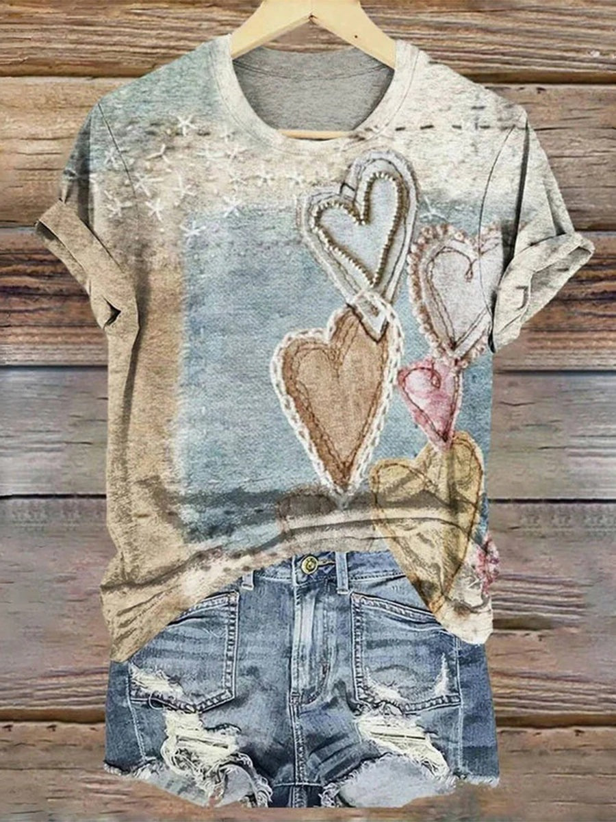 Heart Print Crew Neck Short Sleeve Casual Daily T-Shirt