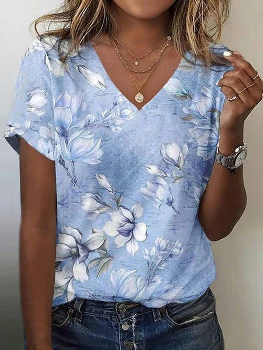 Floral Print V-neck Short Sleeve T-Shirt