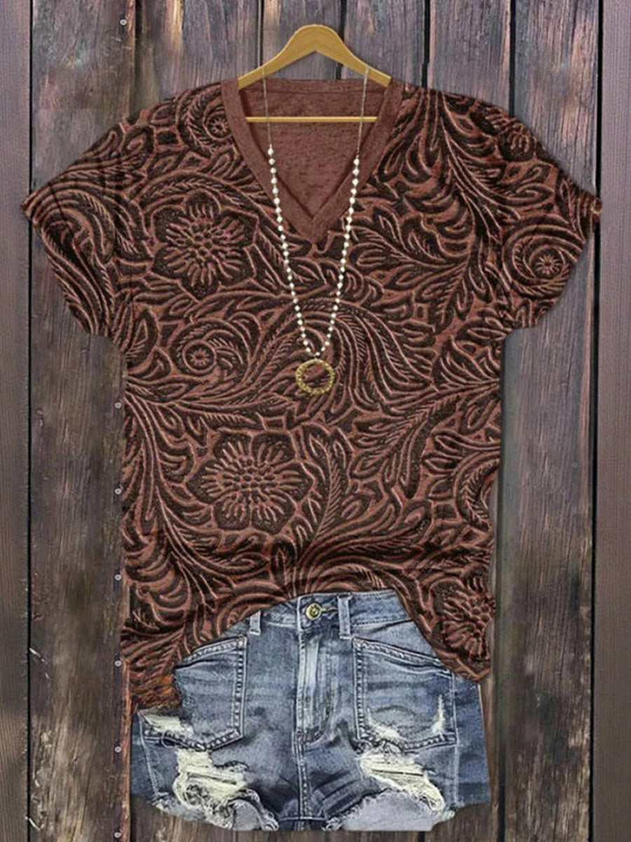 Brown Vintage Floral Print V-neck Short Sleeve T-Shirt