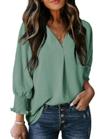 Solid Color V Neck Long Sleeve Loose Blouse