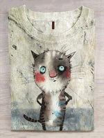 Cute Cat Art Print Round Neck Short Sleeve T-shirt