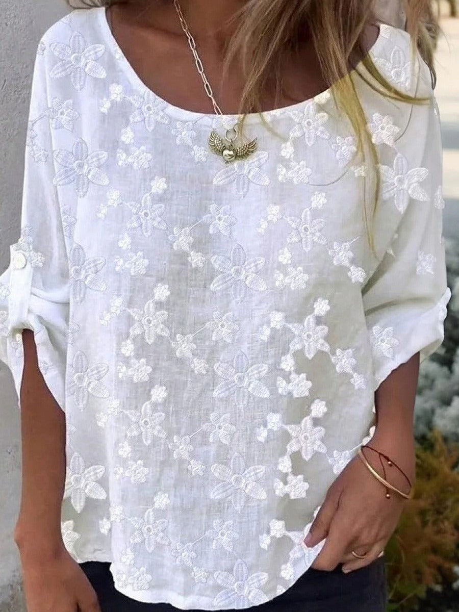 Plain White Lace Round Neck 3/4 Sleeve Tops