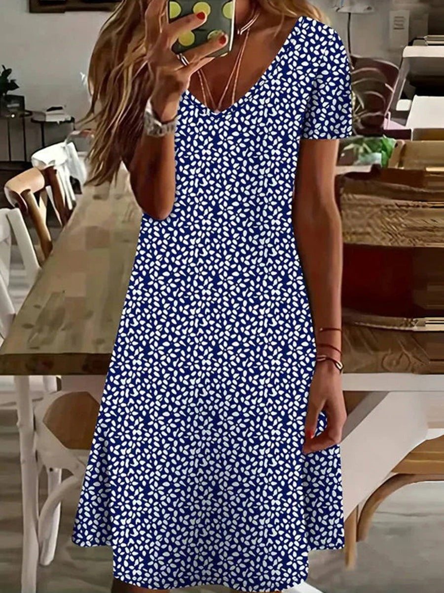 Blue Floral Print V-neck Short Sleeve Comfy Mini Dress
