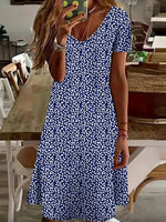 Blue Floral Print V-neck Short Sleeve Comfy Mini Dress