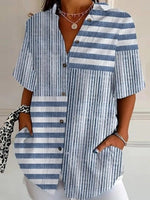 Blue Stripe Lapel Short Sleeve Casual Loose Blouse