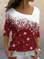 Snowflake Print Asymmetrical V-neck Long Sleeves Sweatshirt