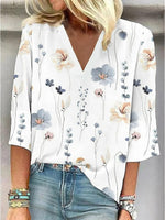 Loose Casual Plain V-Neck 3/4 Sleeve Blouse