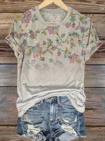 Vintage Floral Print Round Neck Short Sleeve Loose T-Shirt