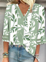 Fresh Leaf Print Hollow Out V-neck 3/4 Sleeve Relaxed Fit Blouse