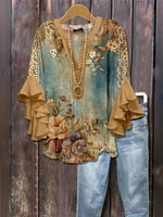 Vintage Floral Print V-neck Ruffle 3/4 Sleeve Loose Casual Blouse