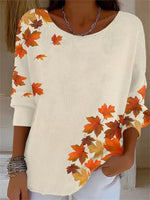 Retro Maple Leaf Print Round Neck Long Sleeve Casual Comfy Blouse