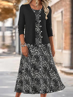 Unique Floral Print Round Neck Long Sleeve Casual Midi Dress