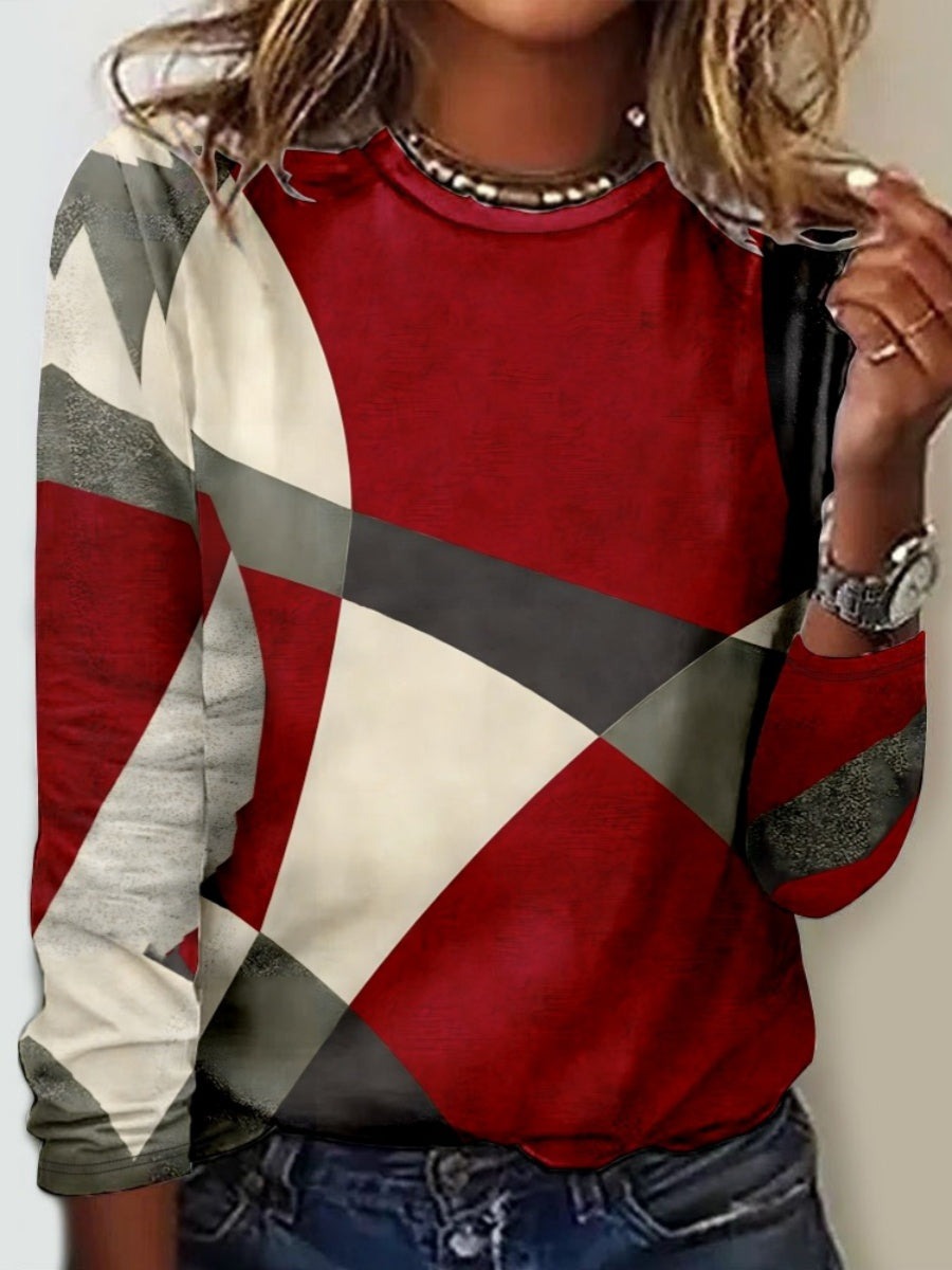 Geometric Print Crew Neck Long Sleeve Loose Casual T-shirt