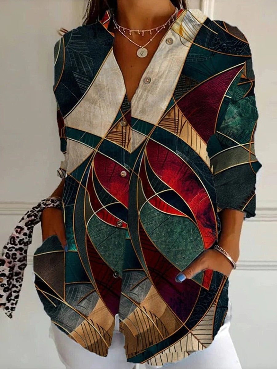 Vintage Abstract Print Lapel 3/4 Sleeve Blouse