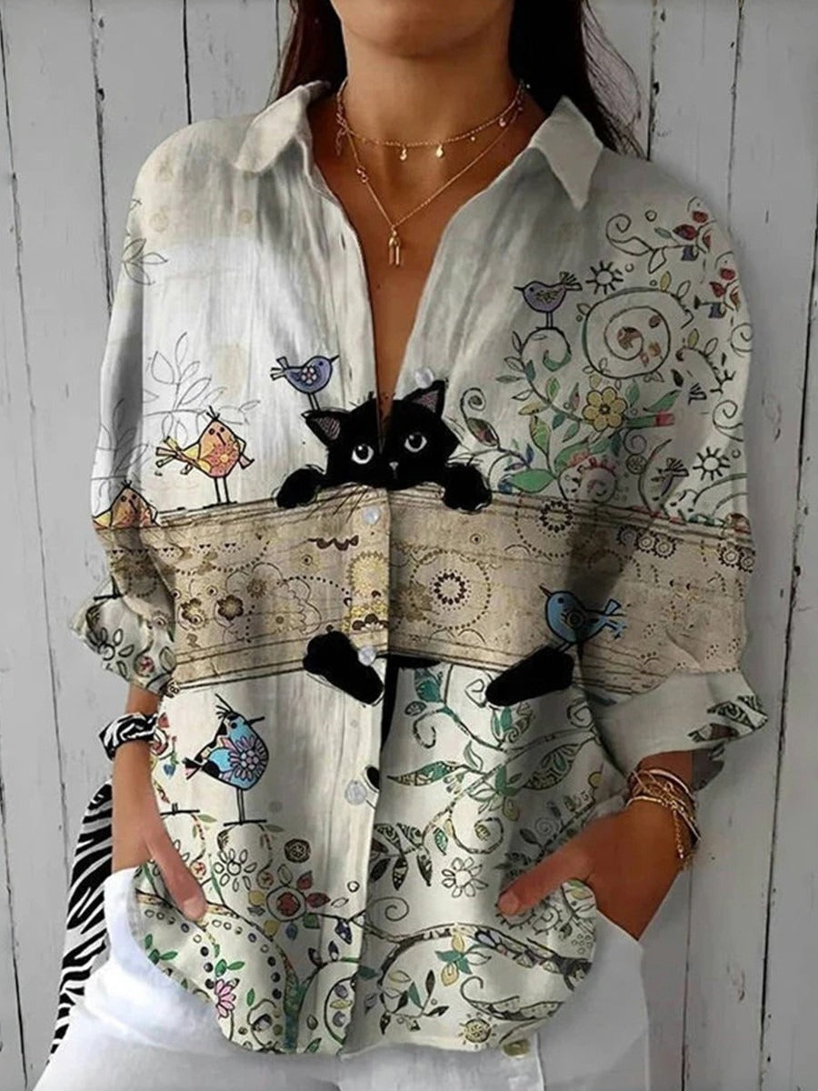Vintage Creative Cat Print Lapel 3/4 Sleeve Blouse