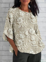 Solid Color Floral Print Round Neck Half Sleeve Loose Blouse