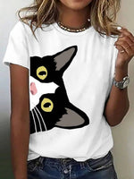 Cartoon Cat Print Round Neck Short Sleeve Casual T-Shirt