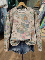Vintage Floral Print Round Neck Long Sleeve Loose Sweatshirt