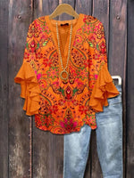 Vintage Ethnic Floral Print V-neck Ruffle 3/4 Sleeve Comfy Blouse