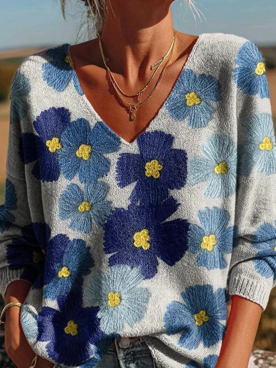 Casual Floral Print V-neck Long Sleeve Sweater
