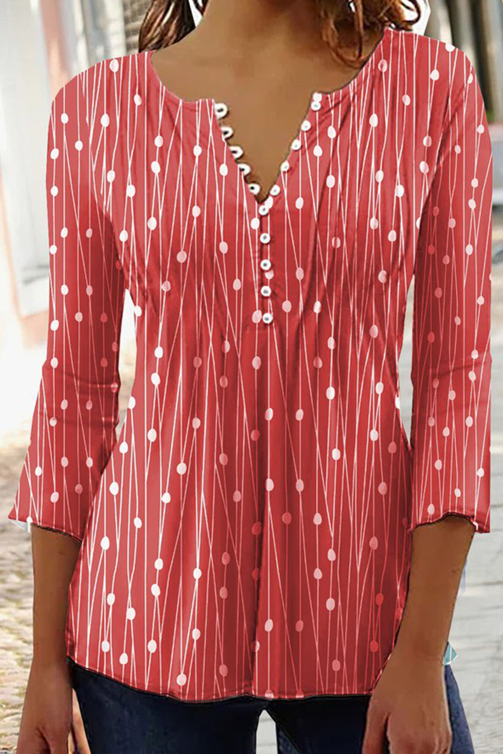Geometric Polka Dots V-neck 3/4 Sleeves Casual Blouse