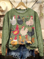 Cute Chicken Art Print Crew Neck Long Sleeve Casual Daily Sweatshirt