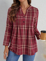 Classic Red Plaid V-neck Buttons Long Sleeve Casual Comfy Blouse