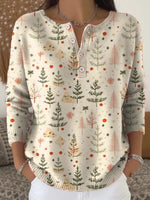 Chic Christmas Tree Print Round Neck Long Sleeve Buttoned Casual Sweater