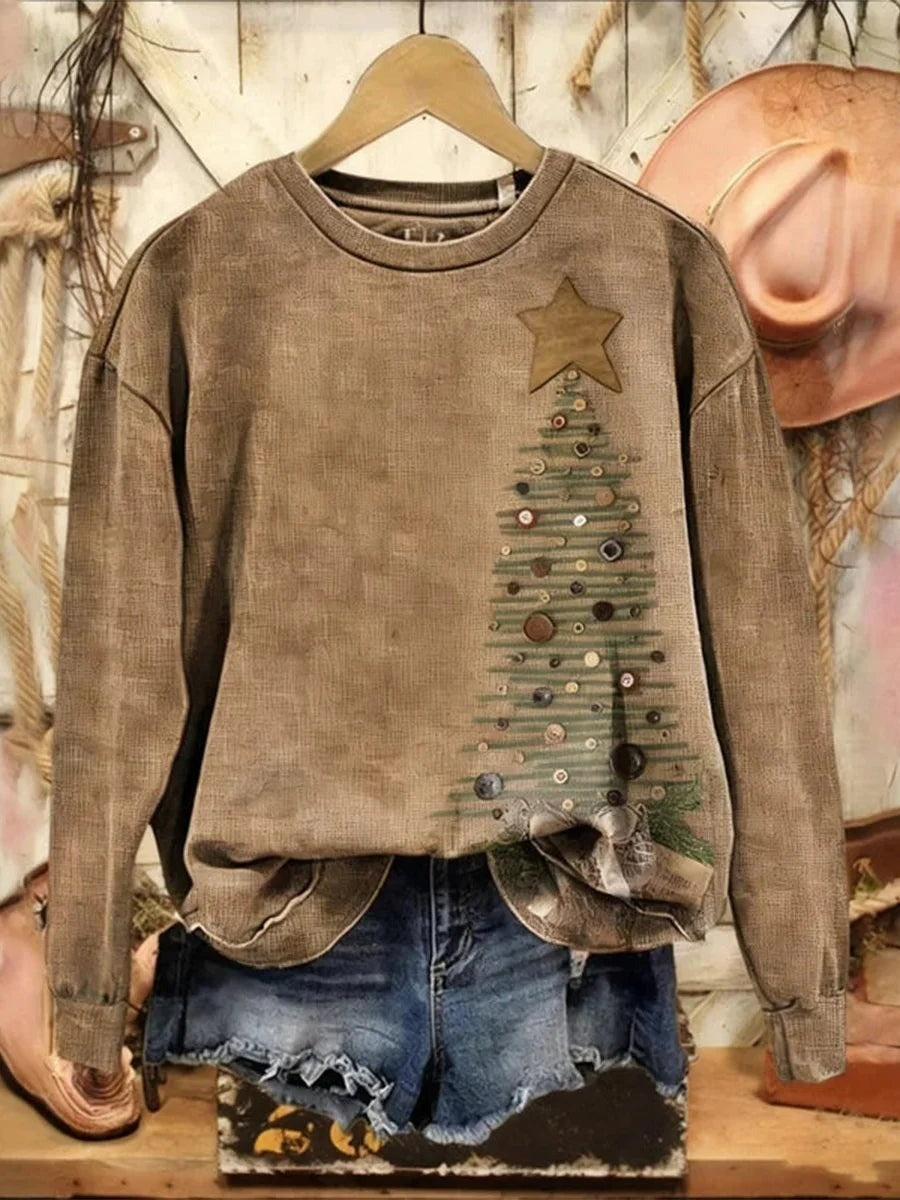 Vintage Christmas Tree Print Round Neck Long Sleeve Loose Casual Sweatshirt
