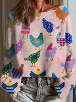 Funny Chicken Art Print Round Neck Long Sleeve Casual Sweater