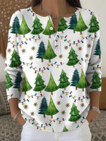 Christmas Trees Pattern Art Print Buttoned Crew Neck Long Sleeve Casual Sweater