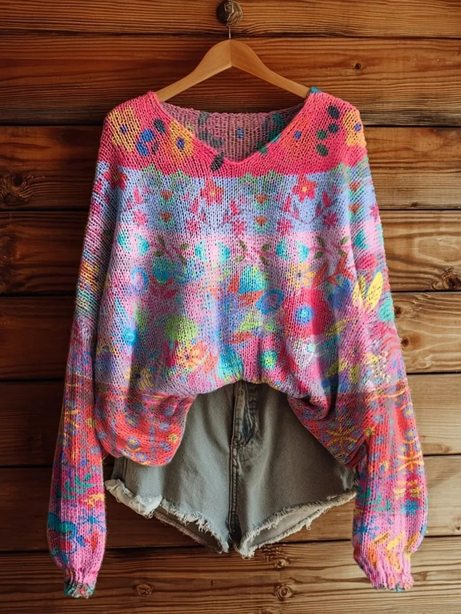 Bohemian Floral Print V-neck Long Sleeve Pullover Sweater