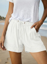 Solid Color Elastic Waist Pockets Denim Shorts