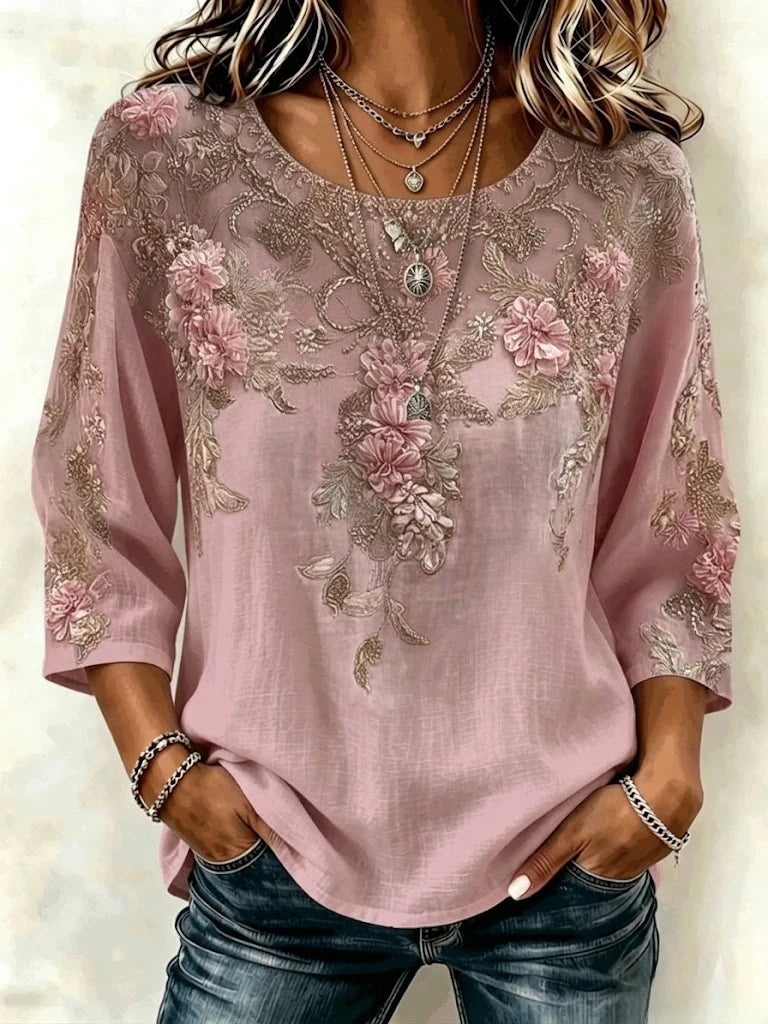 Boho Floral 3D Print Crew Neck 3/4 Sleeve Loose Women Blouse