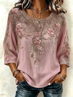 Boho Floral 3D Print Crew Neck 3/4 Sleeve Loose Women Blouse