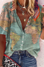 Green V Neck Print Short Sleeves Casual Blouses
