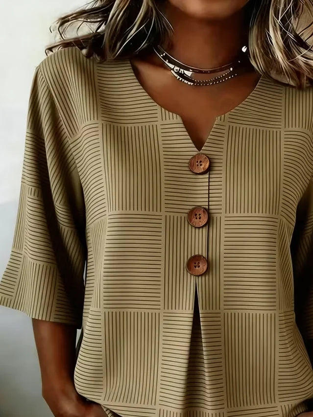 Women V Neck Half Sleeve Brown Striped Peplum Regular Fit Blouse