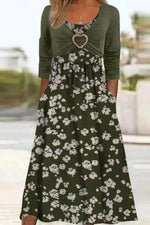 Round Neck Floral Print 3/4 Sleevess Midi Dress