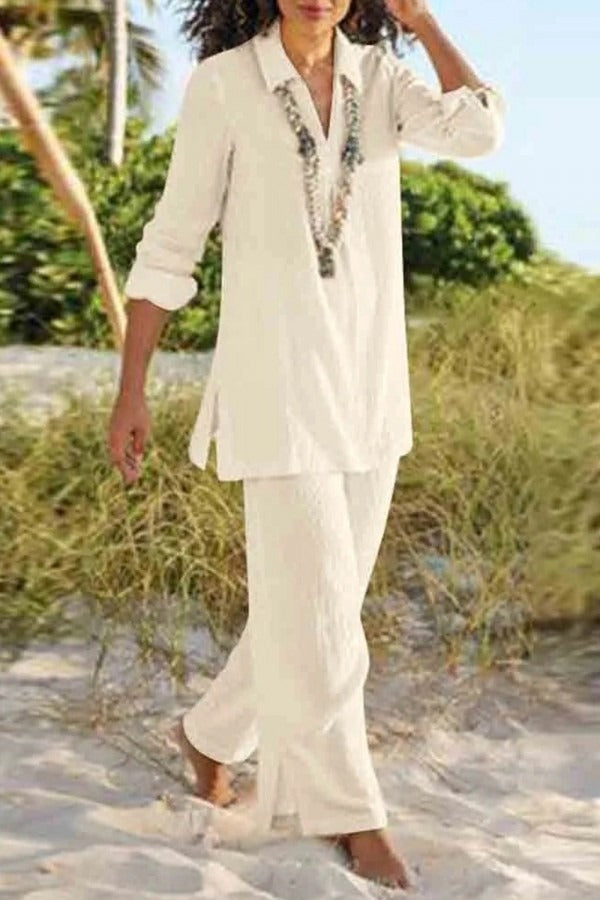 V Neck Casual Loose Solid Color Long Sleeves Mid-Length Two Piece Sets