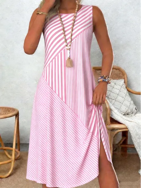 Pink Diagonal Stripe Patchwork Crew Neck Sleeveless Side Slit Loose Cotton Midi Dress For Women