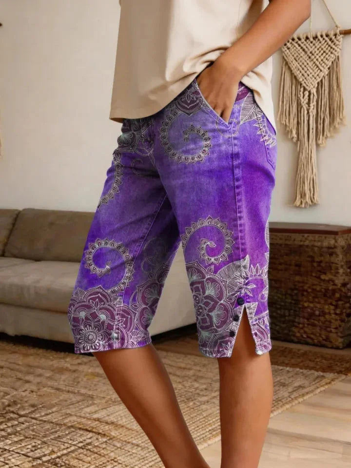 Women's Vintage Ethnic Blue Floral Art Print Casual Denim Shorts