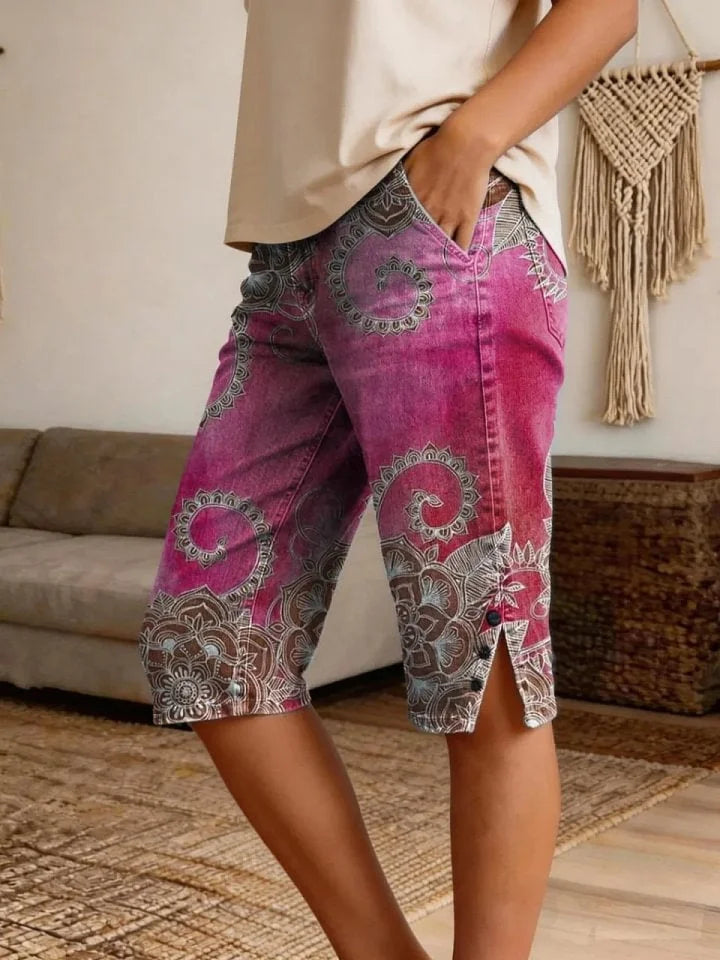Women's Vintage Ethnic Blue Floral Art Print Casual Denim Shorts