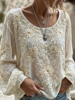White Daisy Embroidered Crew Neck Loose Blouse