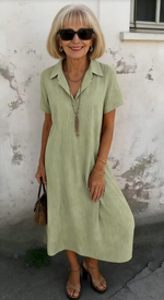 Loose Short-sleeved V-neck Solid Color Cotton and Linen Shirt Dress