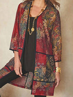 Red Floral Print Three-quarter Sleeves Cardigan