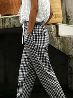 Black Gingham Plaid Elastic Drawstring Waist Casual Ankle Length Harem Pants