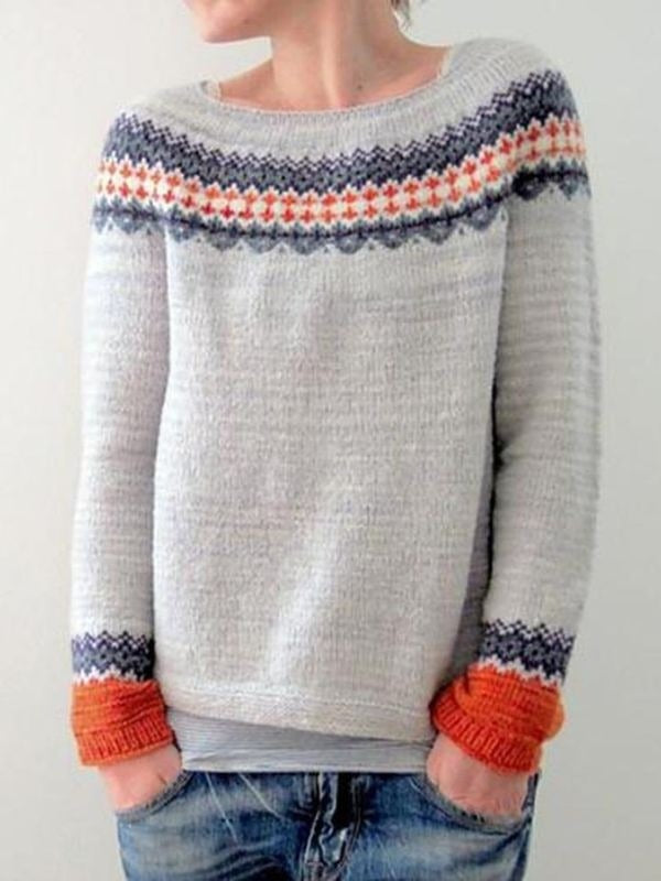 Gray Fair Isle Print Boat Neck Long Sleeves Sweater