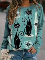 Cartoon Cat Print Crew Neck Sweatshirt