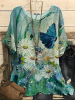 Oil Painting Flowers Print Crew Neck Short Sleeve Loose Blouse