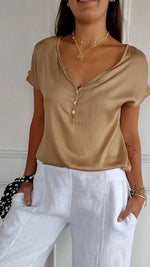 Solid Color Button V Neck Casual Short Sleeve T-Shirt